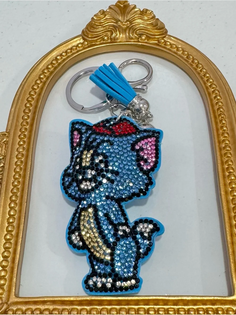 New Blue Crystal Cat Tassel Keychain